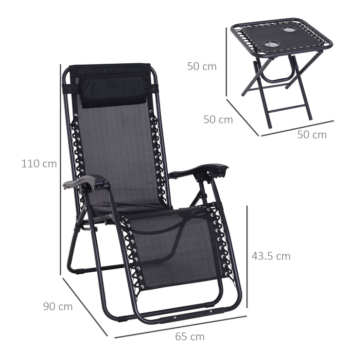 Outsunny 3pcs Folding Zero Gravity Chairs Sun Lounger Table Set w/ Cup Holders Reclining Garden Yard Pool, Black | Aosom UK