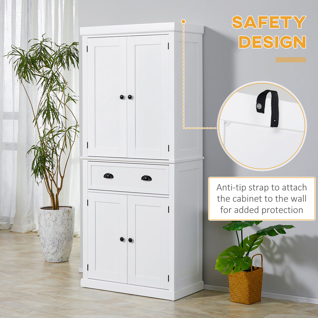 Freestanding Kitchen Cupboard, 184cm Tall Storage Cabinet with Doors and Shelves, Traditional Colonial 4-Door Kitchen Pantry Cupboard with Drawer, White