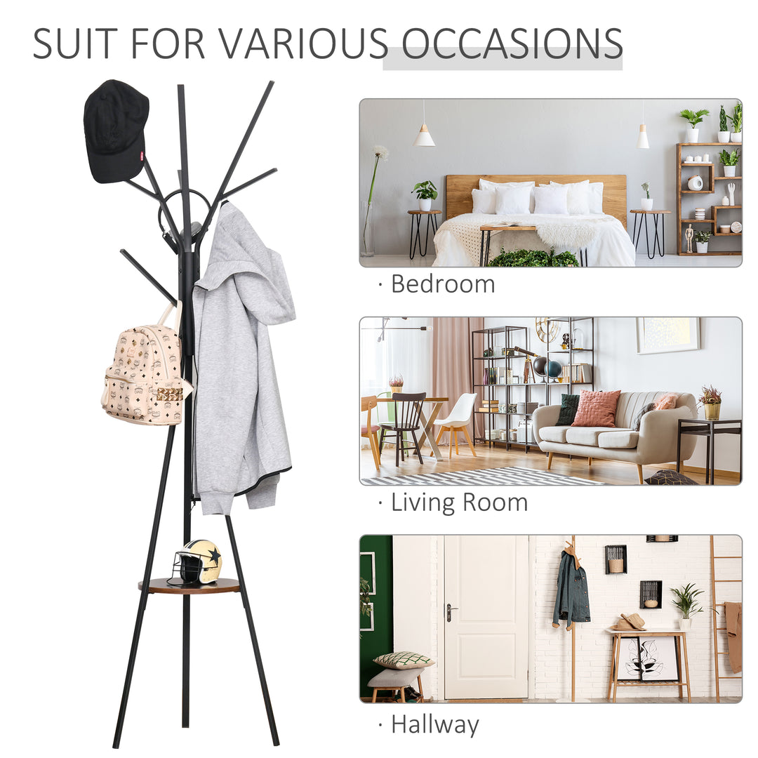 HOMCOM Free Standing Coat Rack Metal, 180cm with 9 Hooks, 1 Shelf for Clothes, Hats, Bags, Umbrella Organiser, Brown | Aosom UK