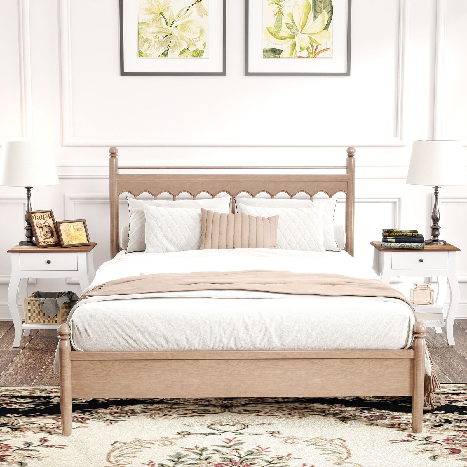 2pcs Bedside Tables with Drawer, French Style Bedside Cabinets with Open Shelf for Bedroom, Living Room, White