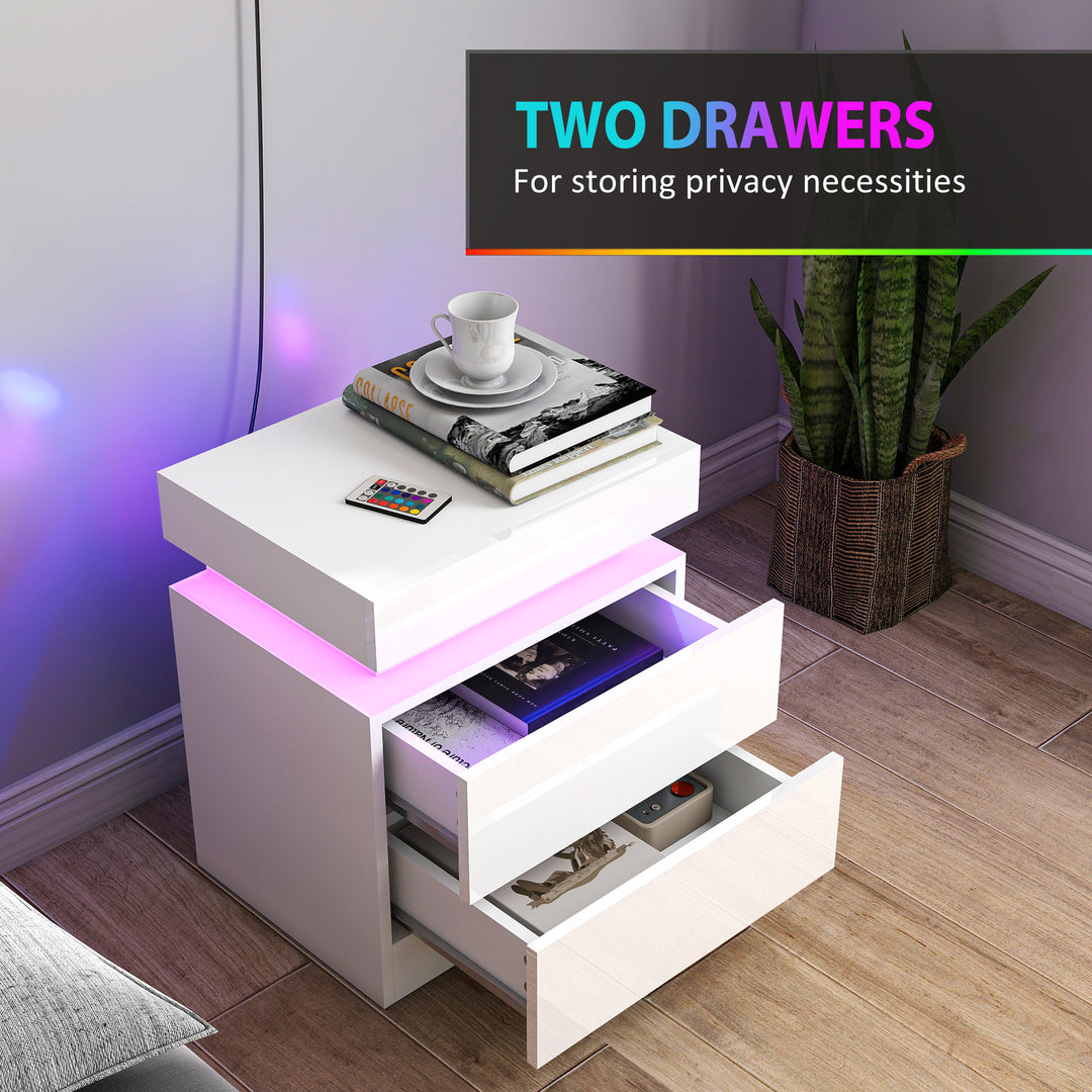 White Bedside Table with LED Light, High Gloss Front Nightstand with 2