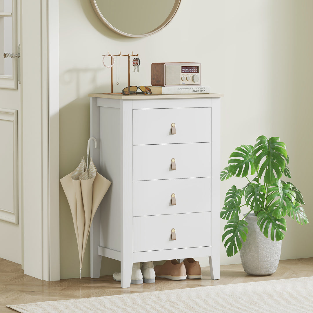Bedroom Chest of Drawers, Modern 4 Drawer Dresser Cabinet with PU Leather Handles and Metal Runners for Living Room, Hallway, Entryway, White