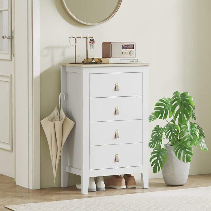 Bedroom Chest of Drawers, Modern 4 Drawer Dresser Cabinet with PU Leather Handles and Metal Runners for Living Room, Hallway, Entryway, White