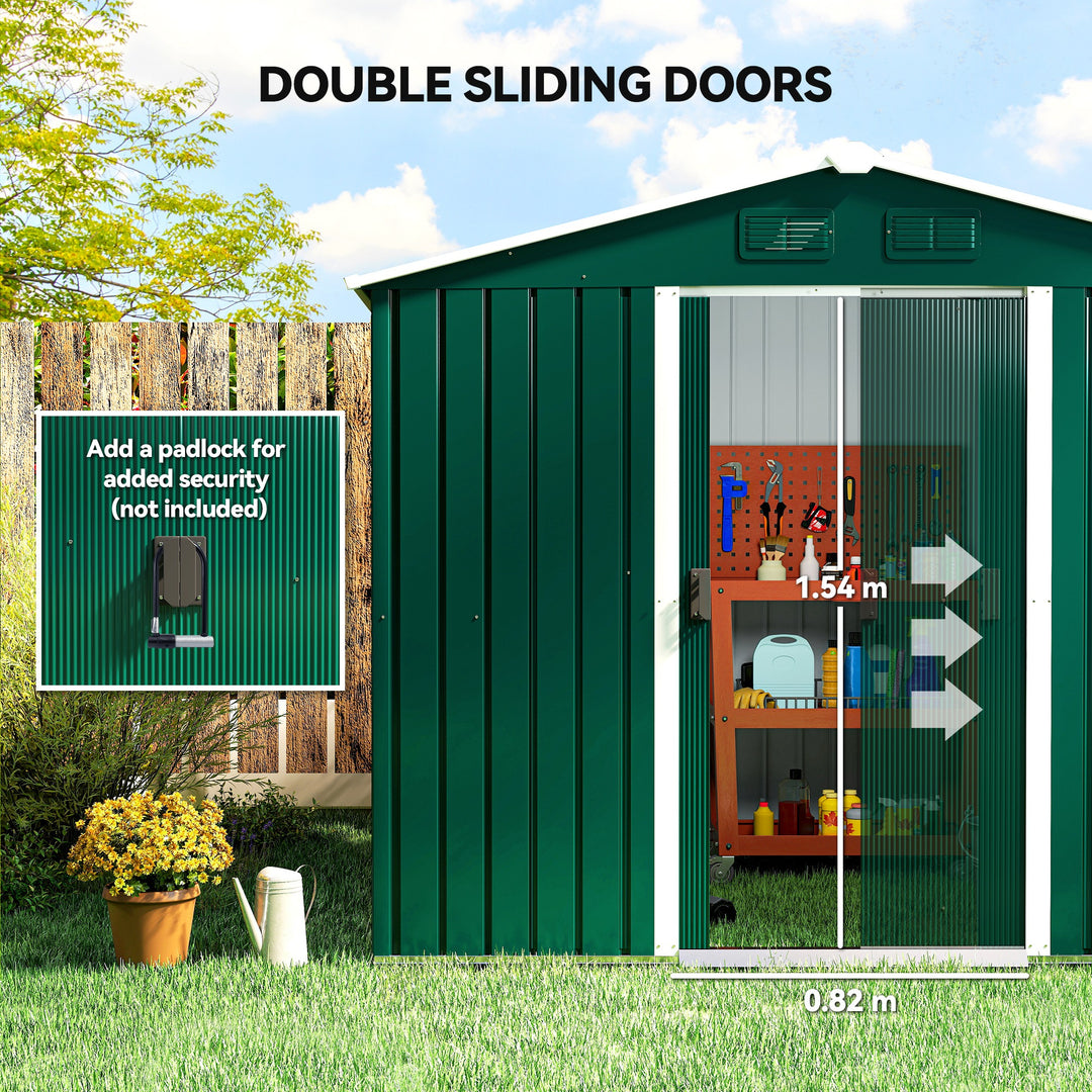 MCL 7.7 x 5.7ft Metal Garden Shed with Ventilation Slots and Sliding Doors, Galvanised Outdoor Tool Storage House, Green