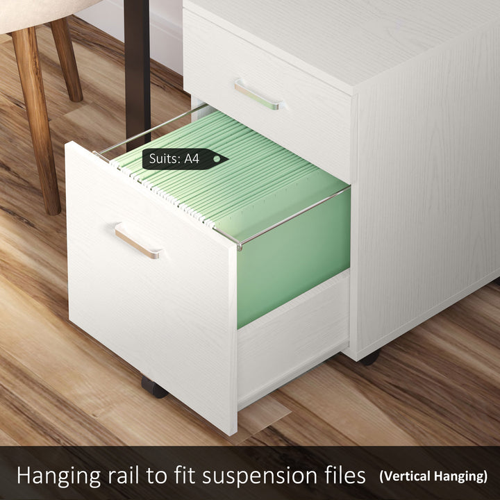 2-Drawer Locking Office Filing Cabinet w/ 5 Wheels Rolling Storage Hanging A4 Cupboard Home Organisation White Wood Grain