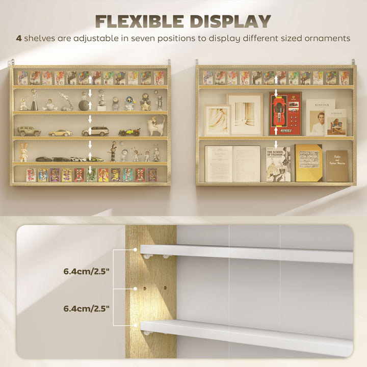 5-Tier Wall Display Shelf Unit Cabinet w/ 4 Adjustable Shelves Glass Doors Home Office Ornaments 60x80cm Natural