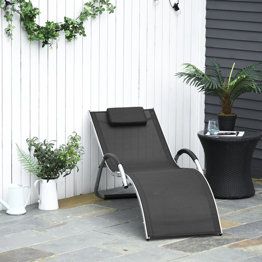 Outsunny Ergonomic Lounger Chair Portable Armchair with Removable Headrest Pillow for Garden Patio Outside All Aluminium Frame Black | Aosom UK