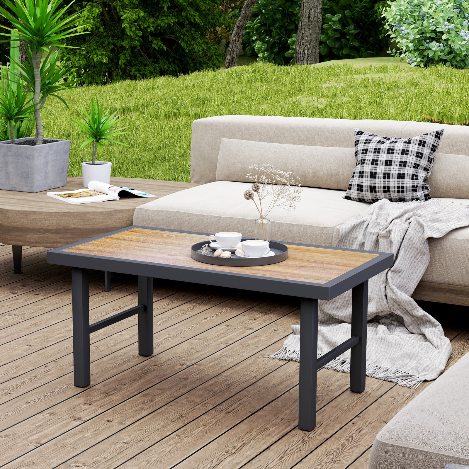 Metal Garden Coffee Table, Outdoor Side Table with SPC Woodgrain Tabletop for Outside, Garden, Balcony, Porch, 100 x 53 x 46cm, Brown Wood Effect
