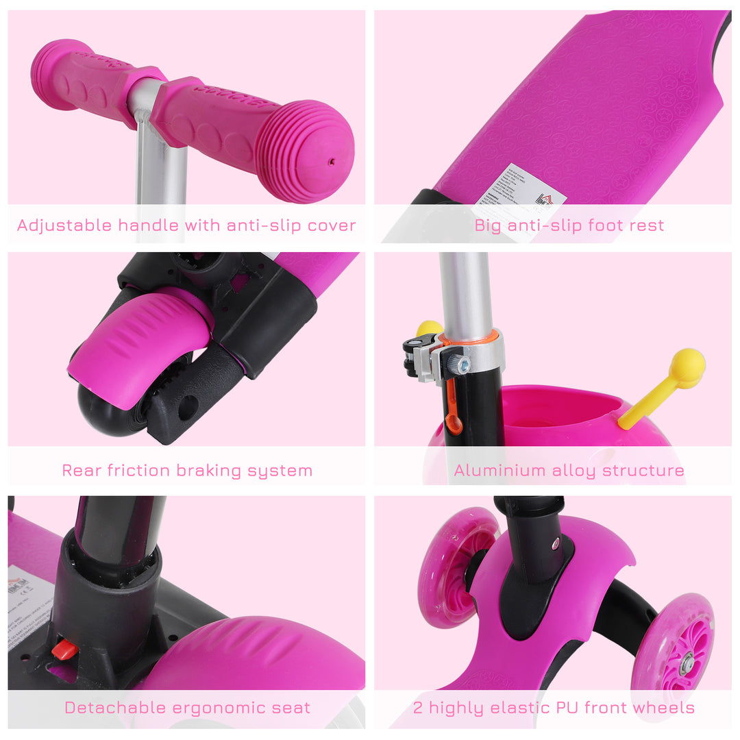 Adjustable Kids Toddler Scooter, with Removable Seat, Back Handle, Pink