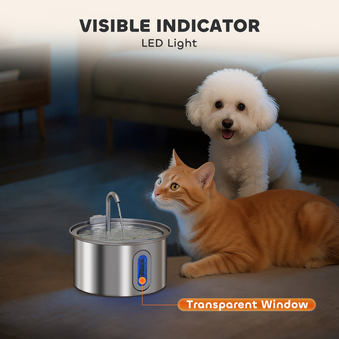 2.5L Stainless Steel Cat Water Fountain for Drinking with Ultra-Silent Pump, Water-Level Window, 7 Filters