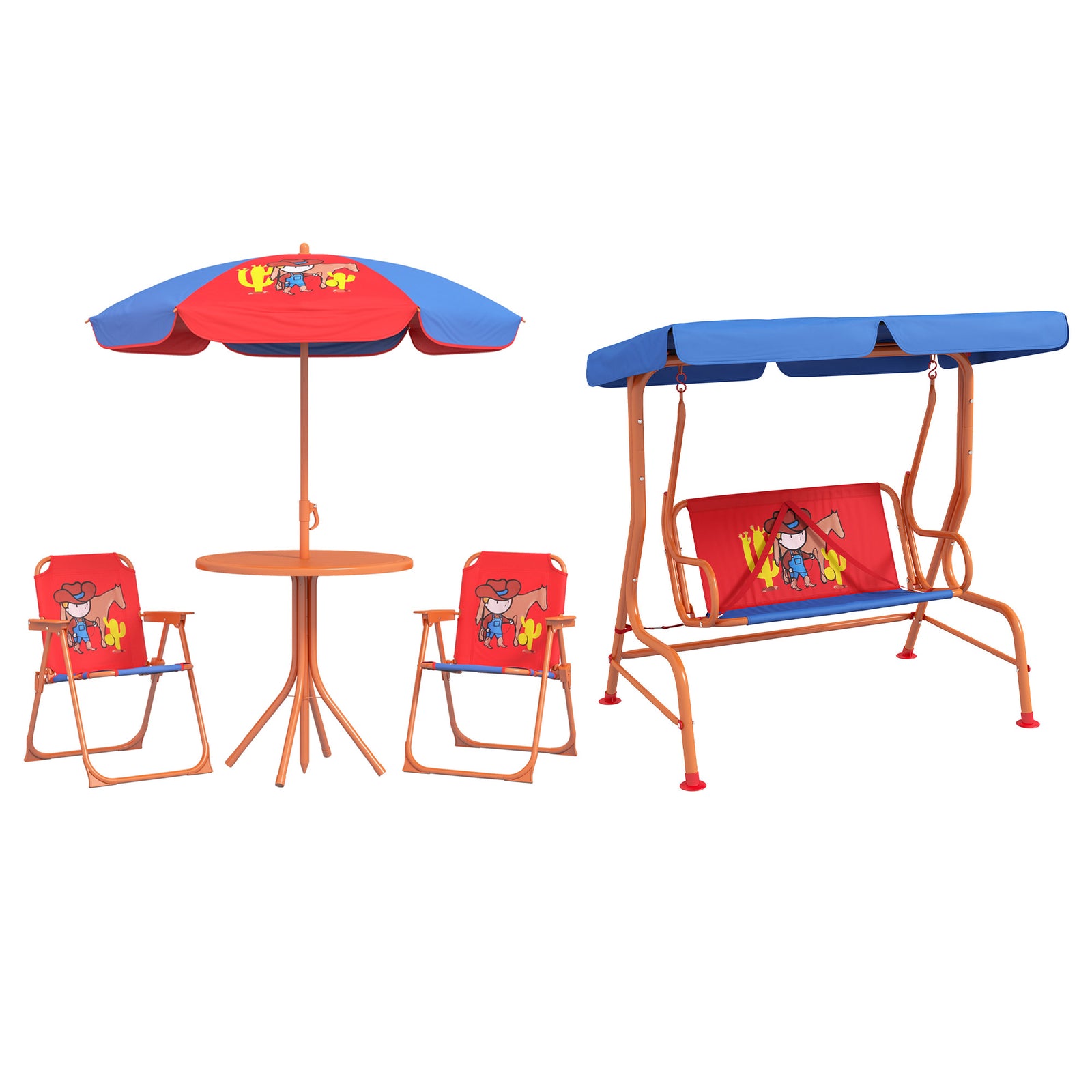 4 Piece Kids Garden Furniture Set with Adjustable Canopy, Cowboy Themed, Kids Garden Table and Chair Set and Double Seat Swing Chair for Patio Park Porch, for Ages 3-6 Years - Red and Blue