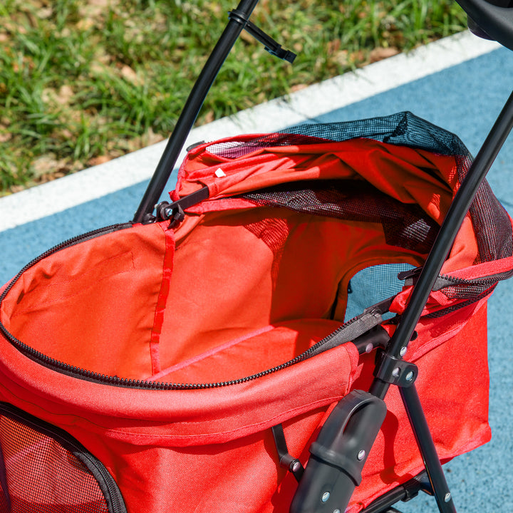 Dog Stroller with Rain Cover, Dog Pushchair One-Click Fold Trolley Jogger with EVA Wheels Brake Basket Adjustable Canopy Safety Leash for Small Dogs, Red