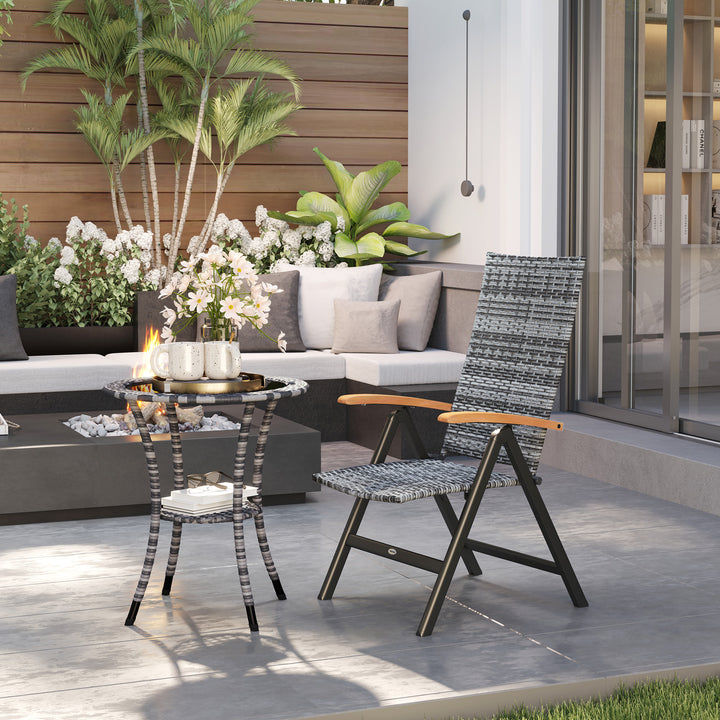Folding Rattan Garden Dining Chair with 5-level Reclining High Back, Wood Armrests for Outdoor, Patio - Light Grey