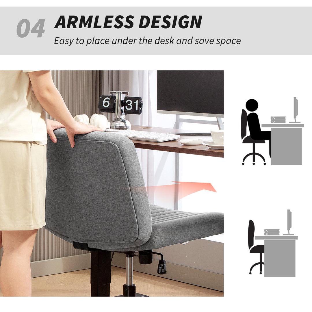 Armless Office Chair No Wheels, Linen Fabric Criss Cross Legged Desk Chair with Wide Seat, Thick Padding, Tilt Function, Height Adjustable Swivel Computer Seat for Home, Grey