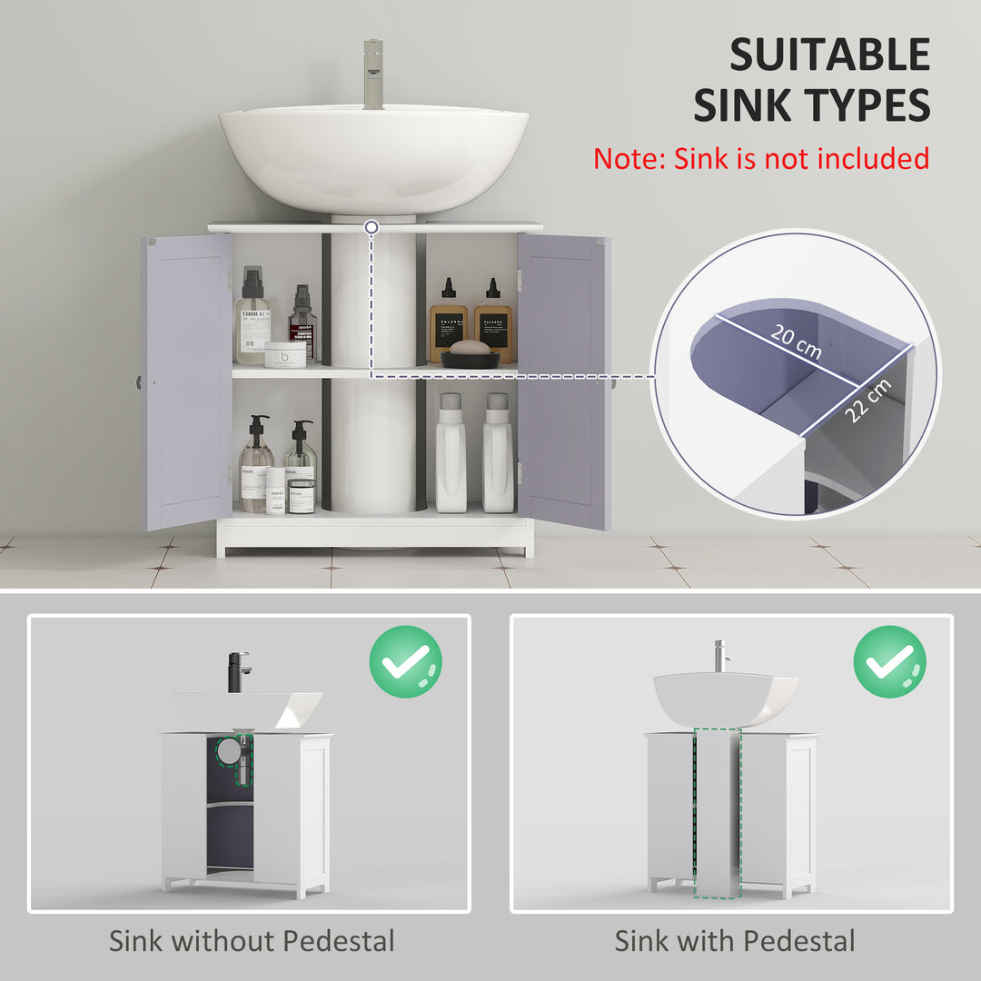 60x60cm Under-Sink Storage Cabinet w/ Adjustable Shelf Handles Drain Hole Bathroom Cabinet Space Saver Organizer White and Grey