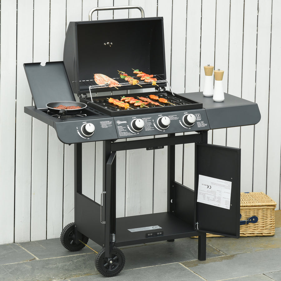 3+1 Burner Gas BBQ Grill, Outdoor Barbecue Trolley with Wheels, Warming Rack, Side Shelves, Cabinet, Thermometer for Garden, Party, Camping, 110L x 50W x 100Hcm, Black