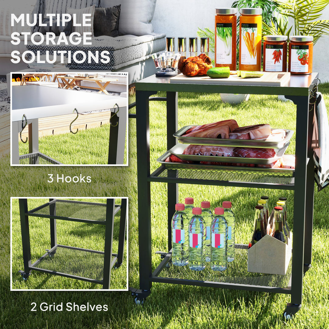 Three-Shelf Outdoor Grill Cart with Stainless Steel Top, Outdoor Kitchen Island with 4 Wheels, 3 Hooks, Movable Food Prep Pizza Oven Table for Kitchen, Patio, Garden, 65.5 x 41 x 79 cm