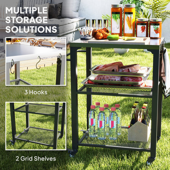 Three-Shelf Outdoor Grill Cart with Stainless Steel Top, Outdoor Kitchen Island with 4 Wheels, 3 Hooks, Movable Food Prep Pizza Oven Table for Kitchen, Patio, Garden, 65.5 x 41 x 79 cm