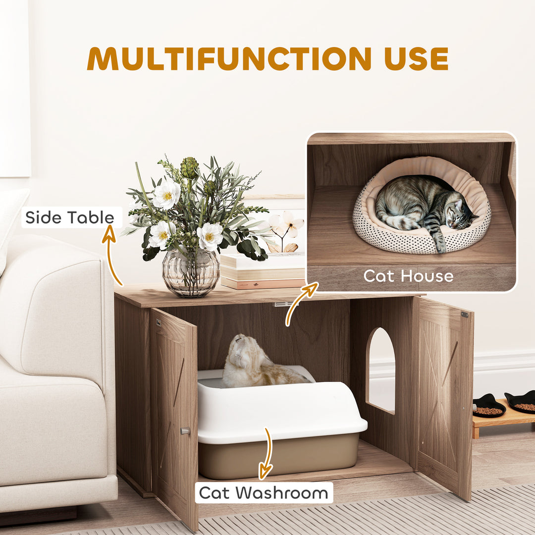 Cat Litter Box Enclosure with Double Doors and Side Entrance, Non-Slip Pads for Living Room, Walnut Brown