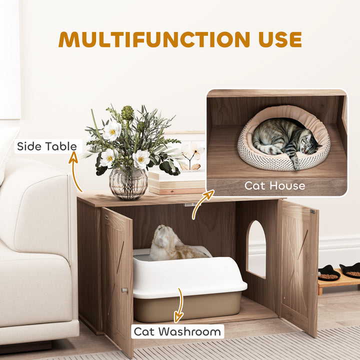 Cat Litter Box Enclosure with Double Doors and Side Entrance, Non-Slip Pads for Living Room, Walnut Brown