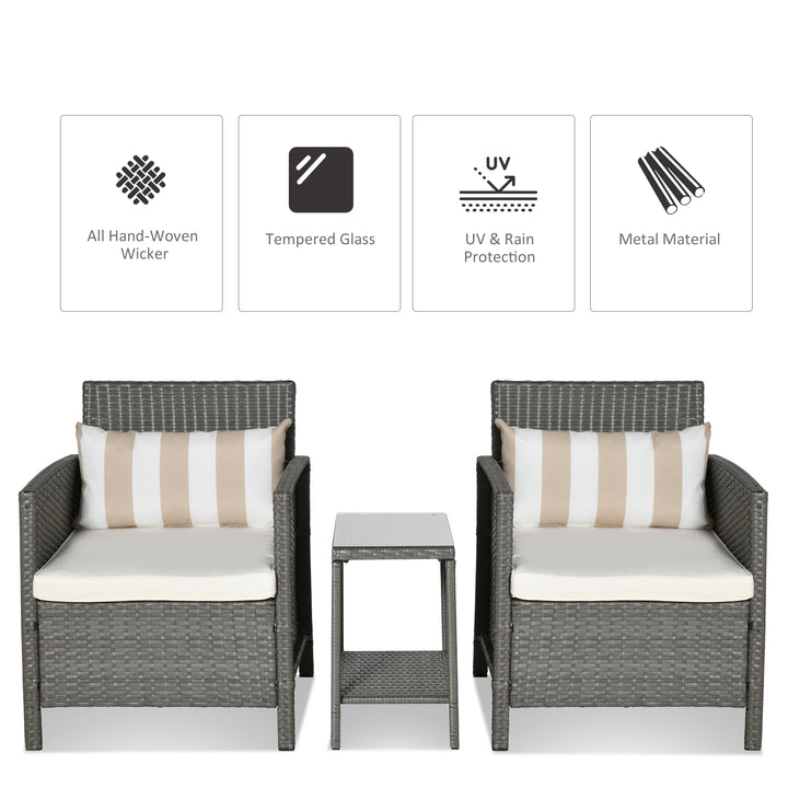 3 Pieces Rattan Bistro Set, Wicker Garden Furniture Set, Glass Top 2-tier Coffee Table and Chairs Set with Pillows and Washable Cushions for Outdoor, Patio, Balcony, Light Grey