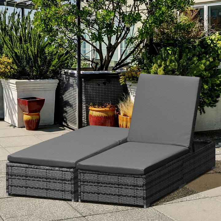 PE Rattan Sun Loungers with Cushion, Outdoor Garden Sunbed Furniture with 5-Level Recliner Backrest, and Armrest, Set of 2, Grey