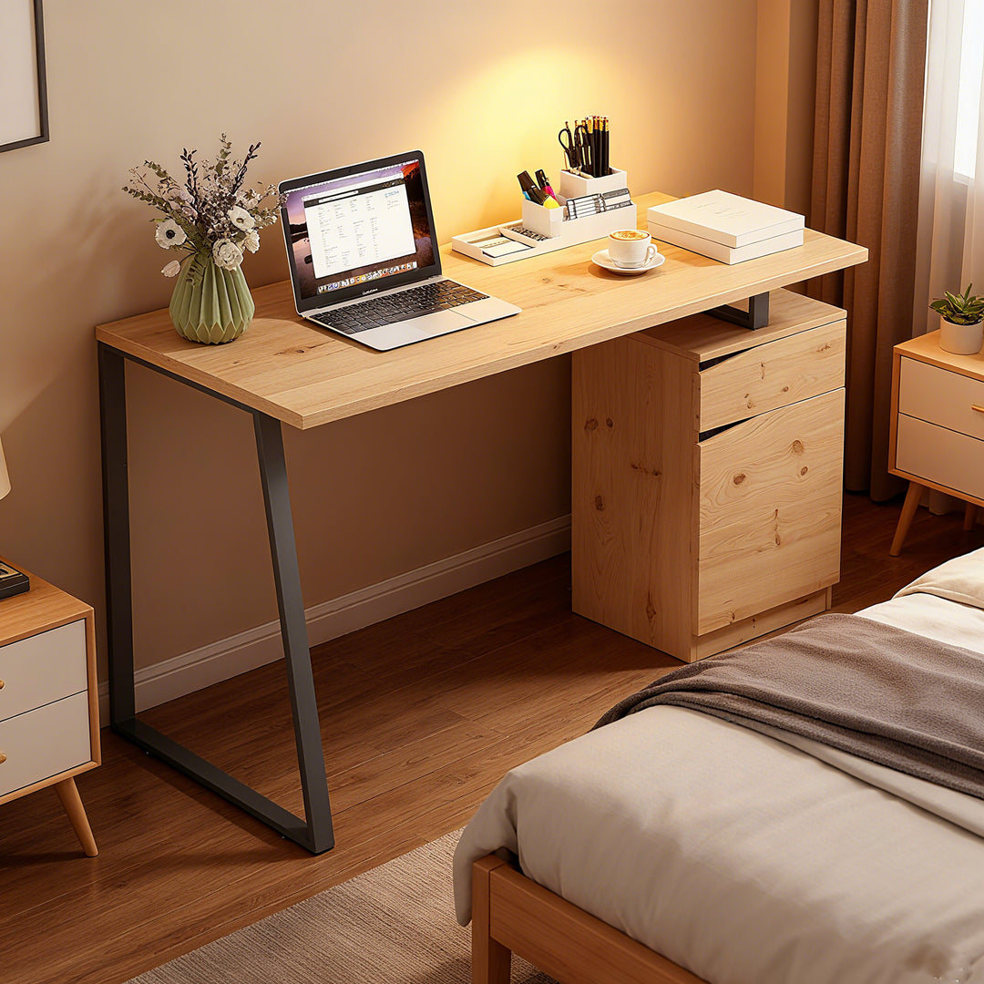 MCL Computer Desk, Writing Desk with Cabinet, Drawer, Metal Legs, Work Table for Home Office Study, Natural Wood Finish