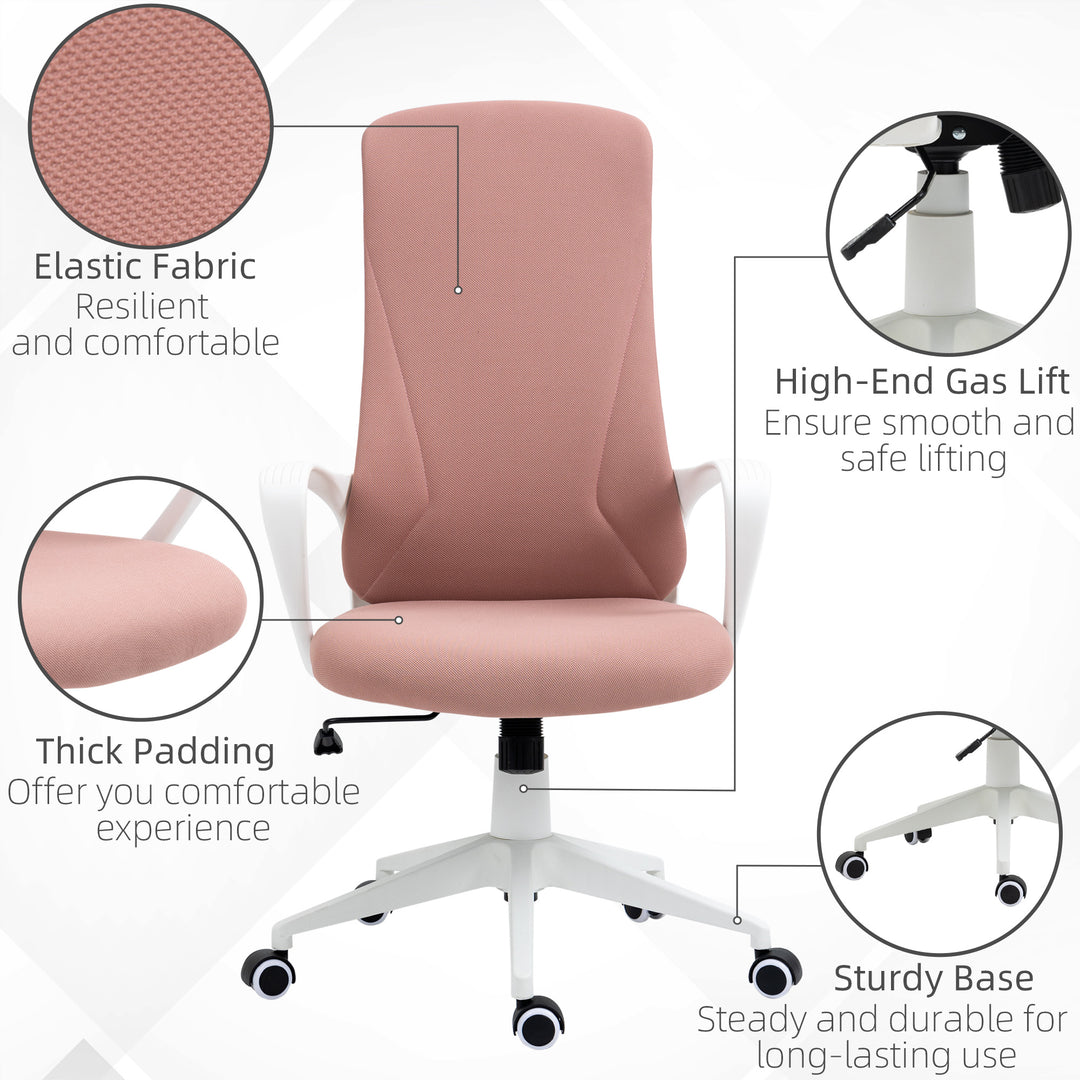 High Back Office Chair, Fabric Desk Chair with Armrests, Adjustable Height, Swivel Wheels, Pink