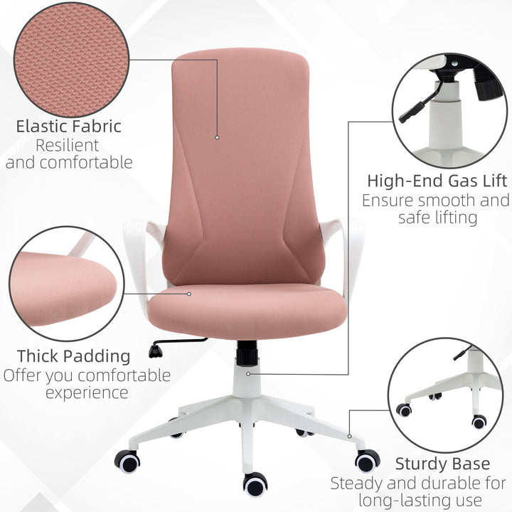 High Back Office Chair, Fabric Desk Chair with Armrests, Adjustable Height, Swivel Wheels, Pink