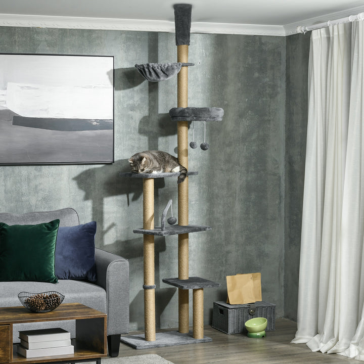 Floor to Ceiling Cat Tree for Indoor Cats, 6-Tier Play Tower Climbing Activity Center with Scratching Post, Platforms, Bed, Hammock, Adjustable Height 230-250cm, Grey