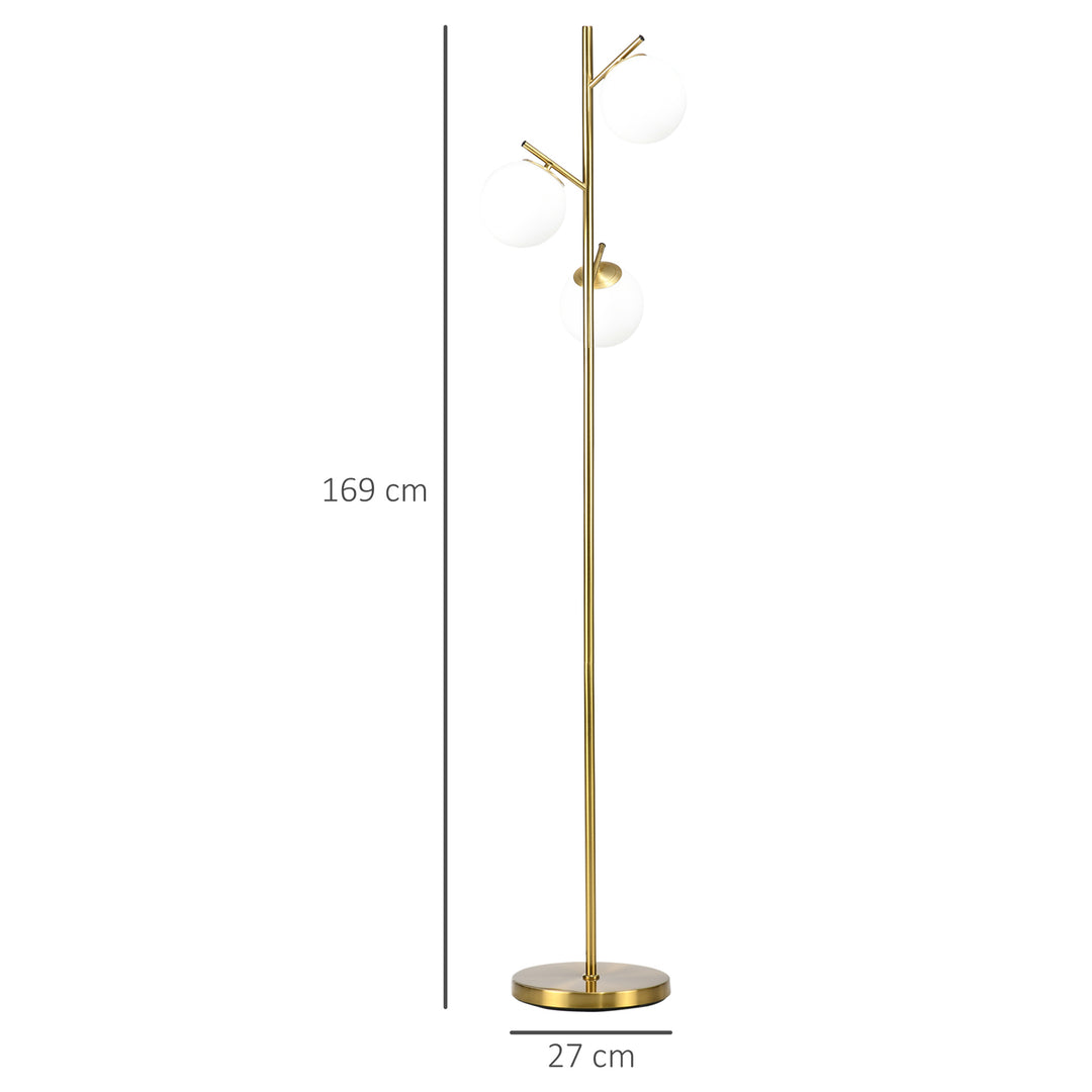 HOMCOM 3-Light Tree Floor Lamps for Living Room, Modern Standing Lamp for Bedroom w/ Globe Lampshade, Steel Base, Gold Tone | Aosom UK