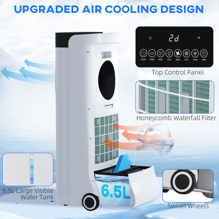 Evaporative Air Cooler, 6.5L 4-in-1 Bladeless Portable Cooler, Fan, Humidifier, Air Clean Anion with Oscillation, 6 Speeds, 24H Timer, Sleep Mode, 2 Ice Packs, Wheels, Remote, for Home Office