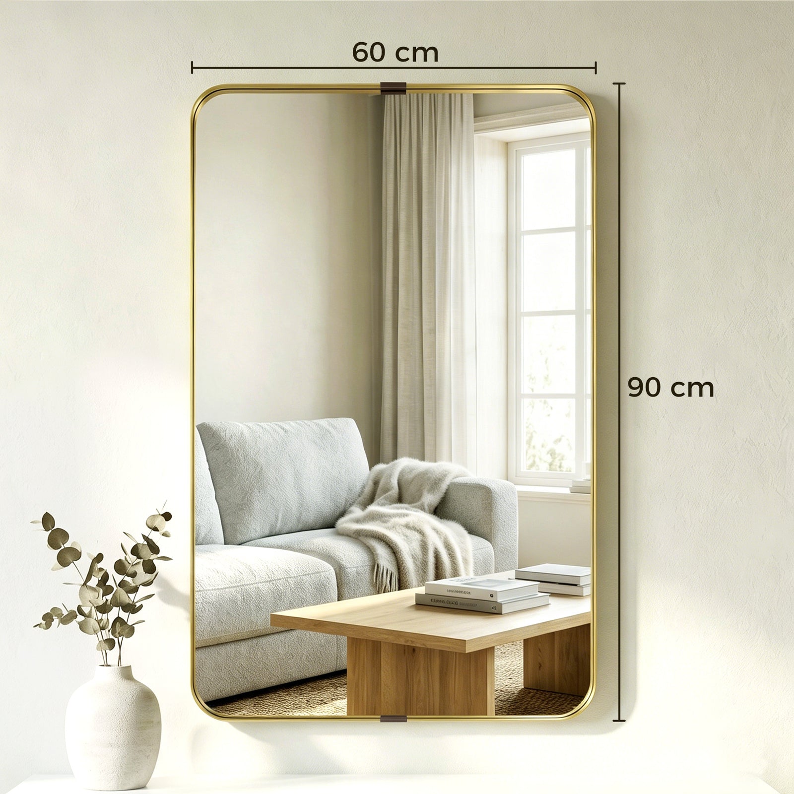 Rectangular Wall Mirror, 90 x 60 cm Wall Mounted Bathroom Mirror w/ Al