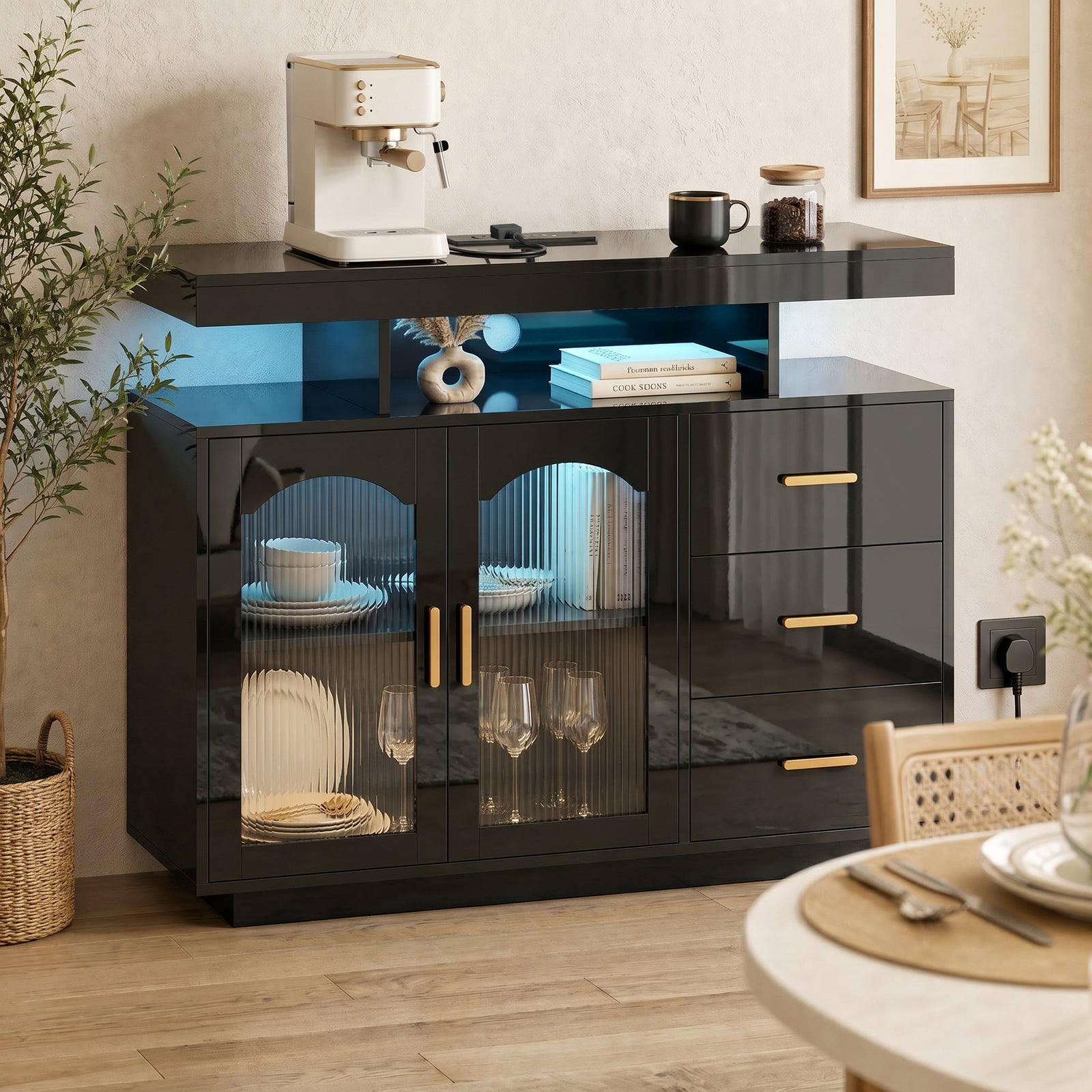 High Gloss Sideboard with LED Lights, Built-in Power Outlets, 3 Drawer
