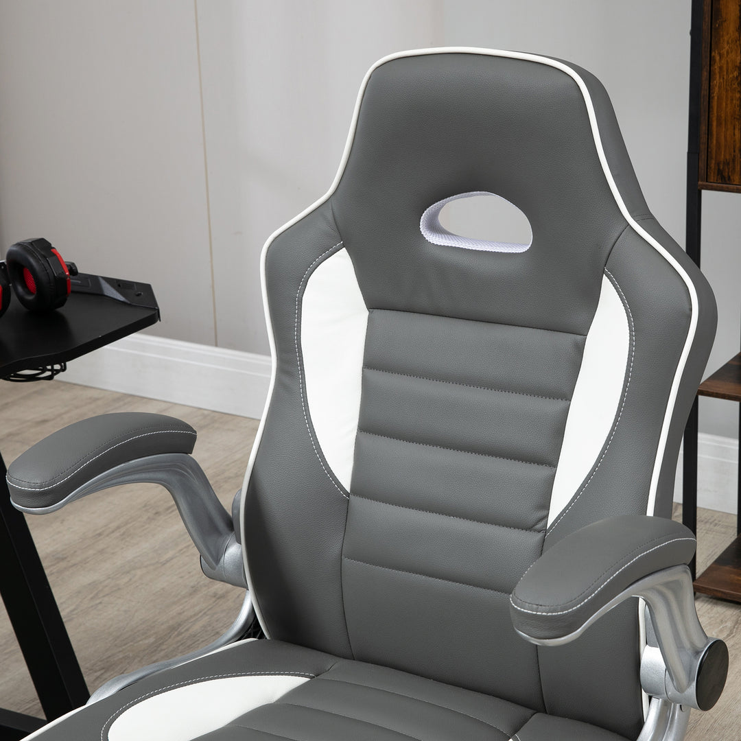 Computer Gaming Chair, Office Desk Swivel Chair, PU Leather Racing Chair with 90° Flip-up Armrest, Adjustable Height and Rolling Wheels, Grey