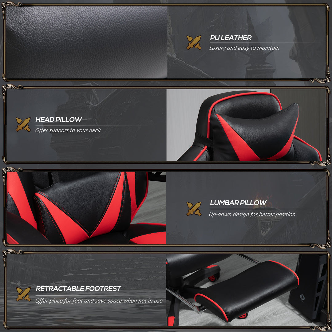 Computer Gaming Chair, Racing Desk Chair with Lumbar Support and Footrest, PU Leather Gamer Chair with Headrest and Swivel Wheels for Home, Red