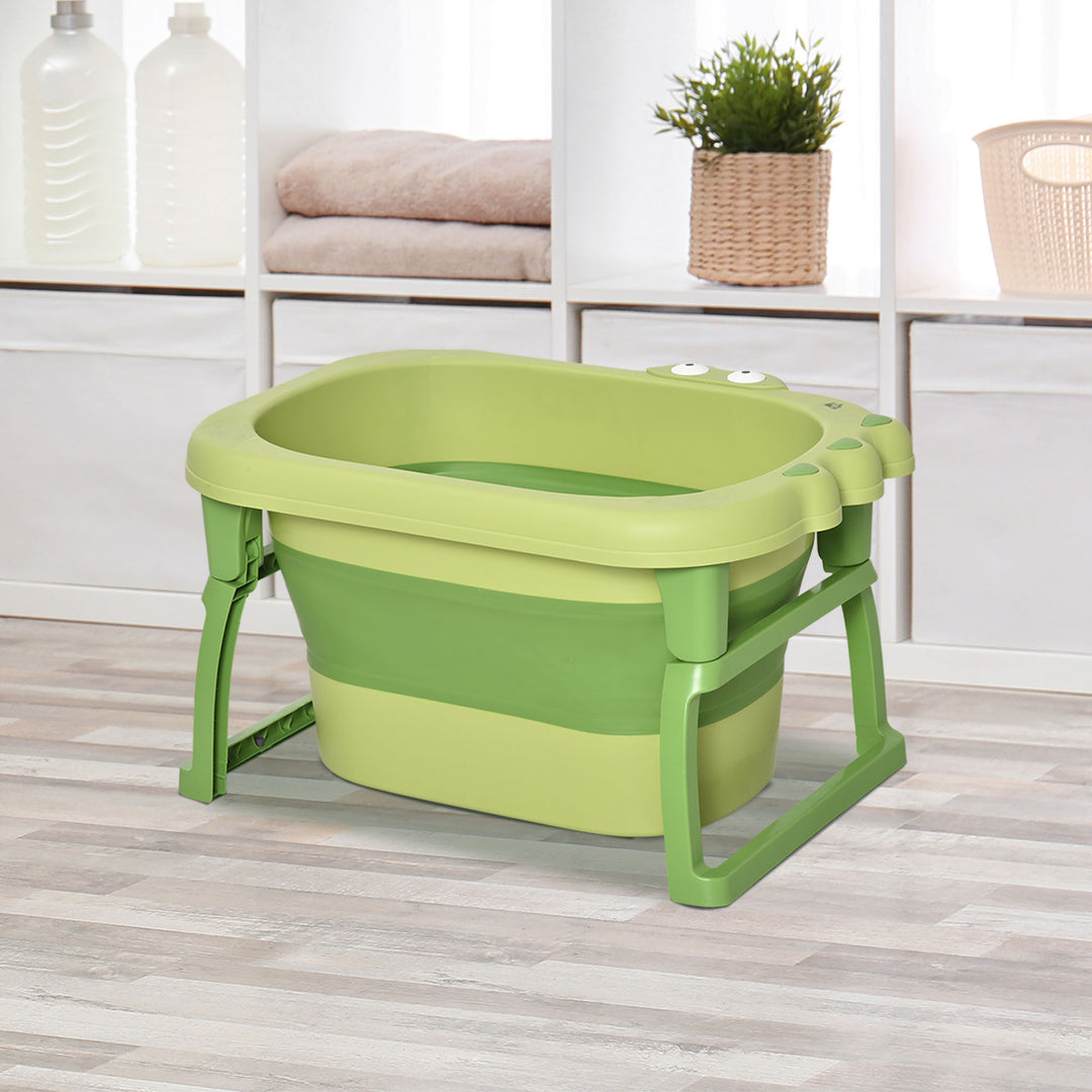 HOMCOM Baby Bath Tub for 0-6 Years Collapsible Non-Slip Portable with Stool Seat for Newborns Infants Toddlers Kids Crocodile Shape Green | Aosom UK