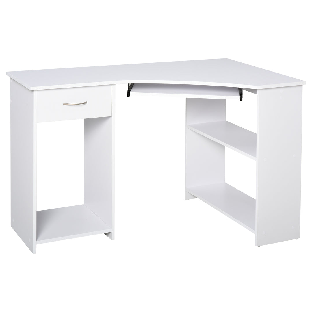 MCL L-Shaped Corner Computer Desk w/ 2 Shelves Wide Worktop Keyboard Tray Drawer & CPU Stand Home Office Study Bedroom Furniture White