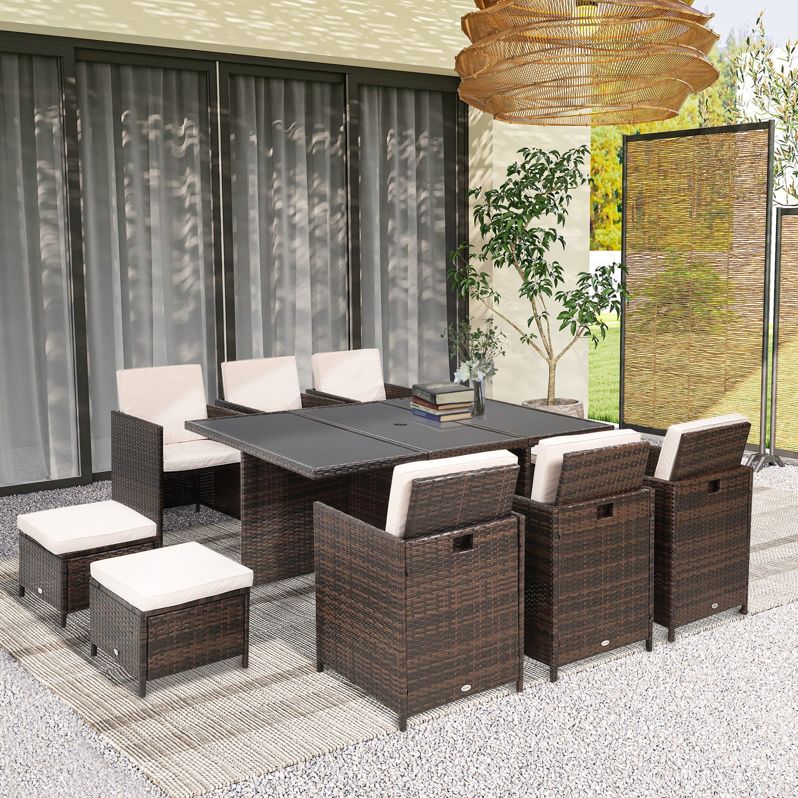 10 Seater Rattan Cube Garden Furniture Set with Parasol Hole, Rattan Dining Set with Cushions, Outdoor Dining Table and Chairs with Rectangular Glass Top Table for Patio, Mixed Brown