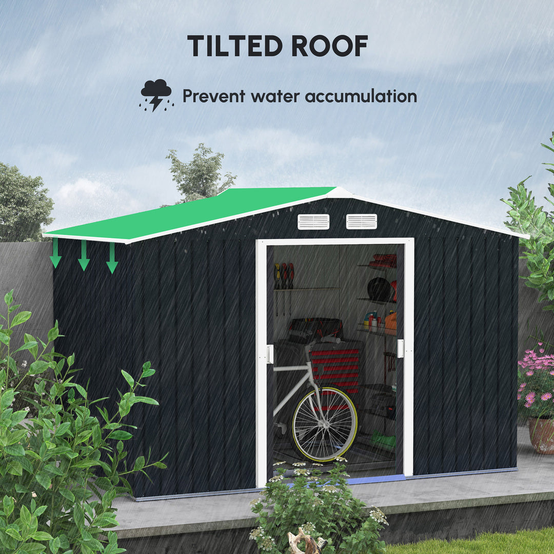 9 x 6ft Metal Bicycle Shed, Outdoor Storage Tool House with Ventilation Slots, Foundation Kit and Lockable Double Doors, Dark Grey