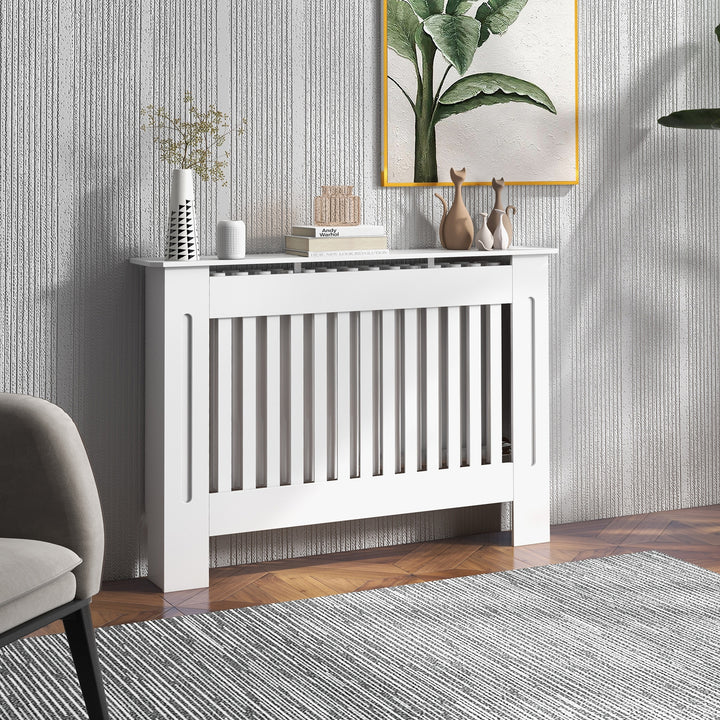 Slatted Radiator Cover Painted Cabinet MDF Lined Grill in White (112L x 19W x 81H cm)