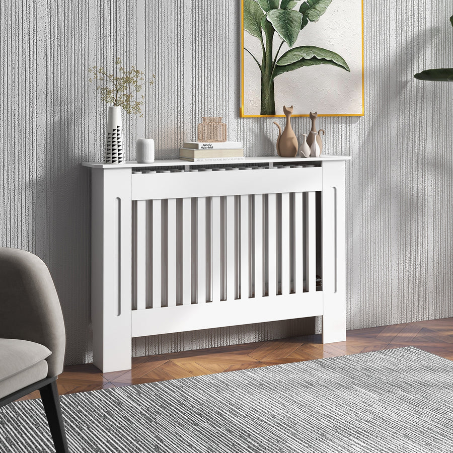 Slatted Radiator Cover Painted Cabinet MDF Lined Grill in White (112L x 19W x 81H cm)