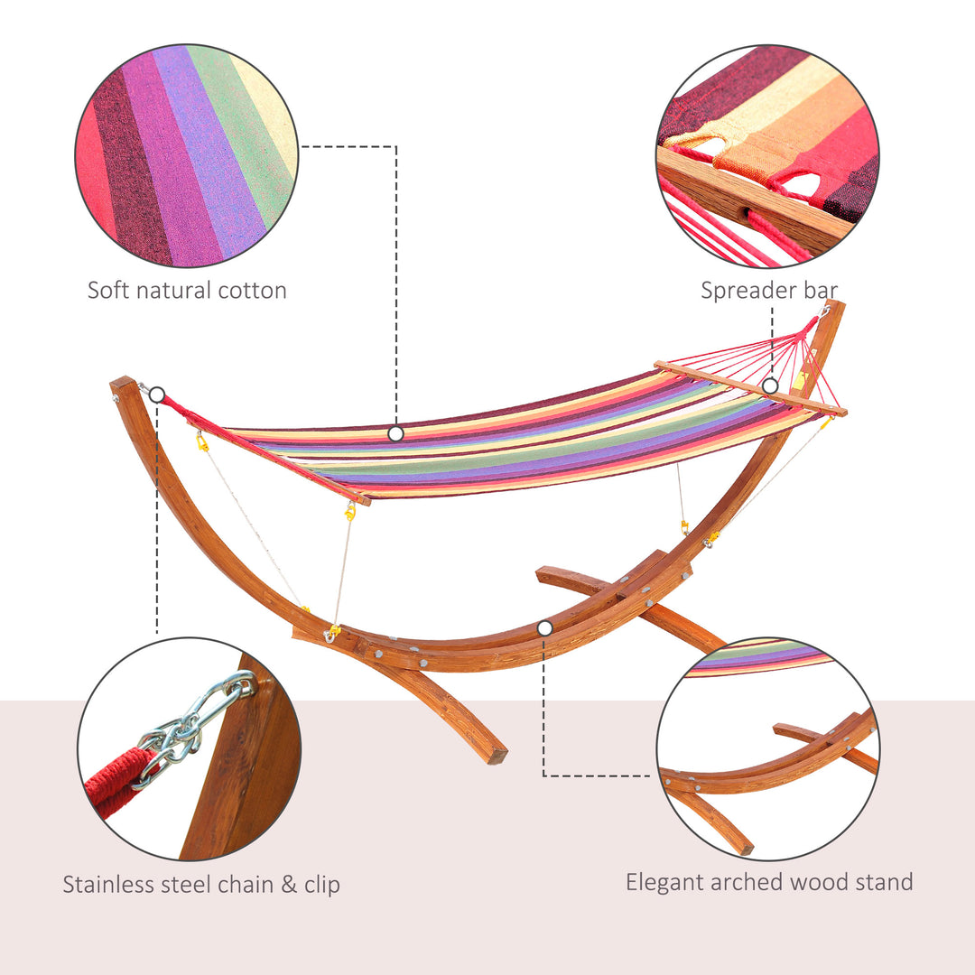 Outdoor Hammock with Stand, Free Standing Hammock with Arc Wooden Frame and 200 x 100cm Fabric, Garden Swing Hanging Bed with Safe Ropes, Multicolour
