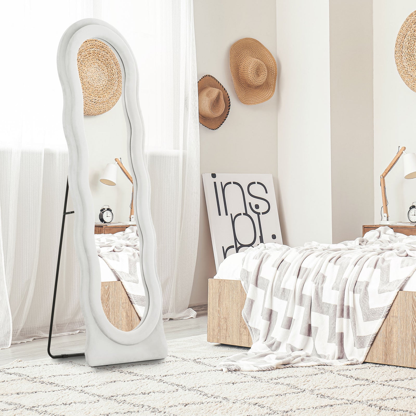 Wavy Velvet-Feel Full Length Mirror - White