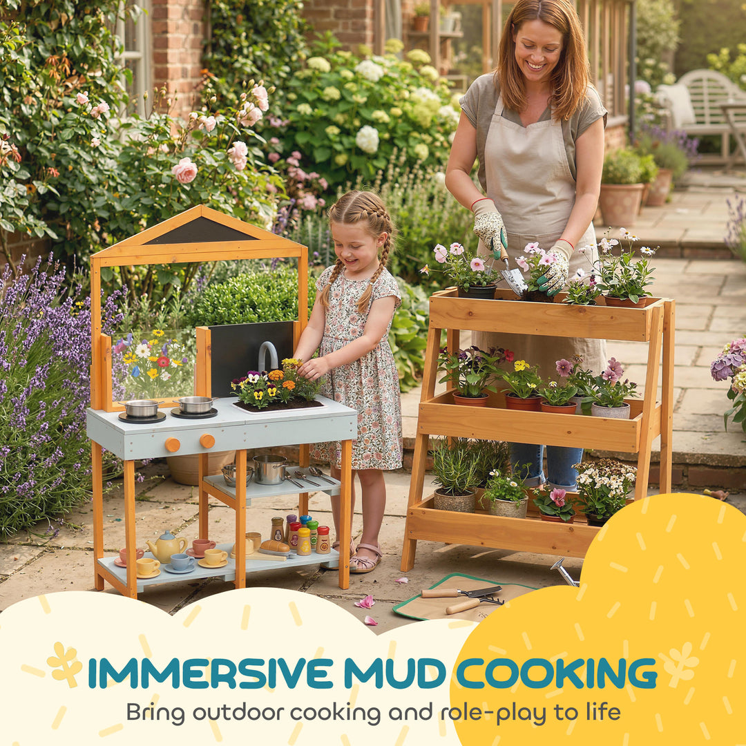 Mud Kitchen for Kids, Outdoor Wooden Play Kitchen with Sink, Stove, Co