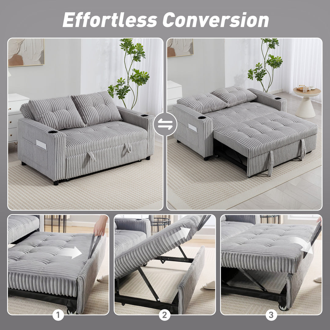 MCL 2 Seater Click Clack Sofa Bed with Pull Out Design, Corduroy Upholstery - Light Grey