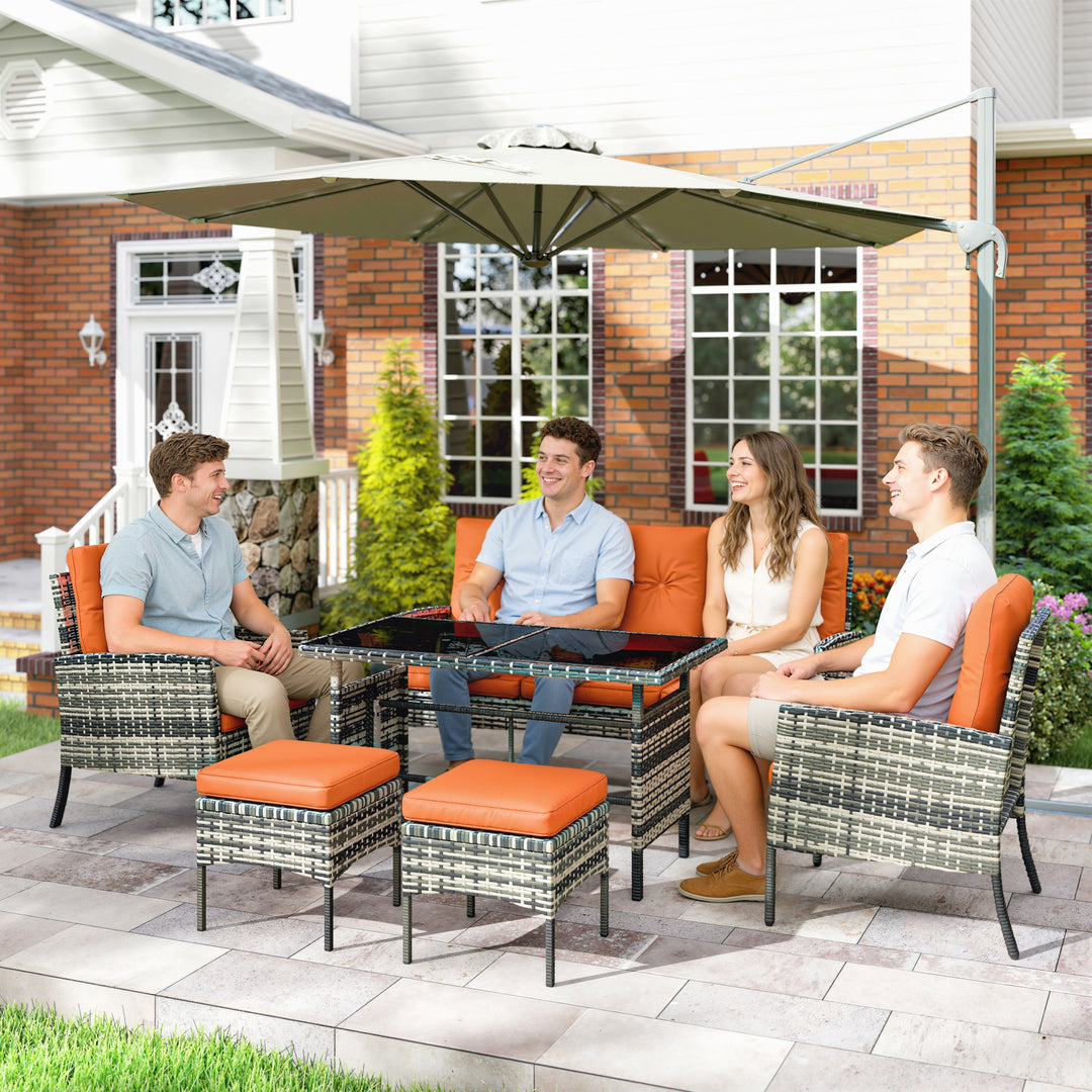 6 Pieces Rattan Garden Furniture Set with Dining Table and Cushions, O