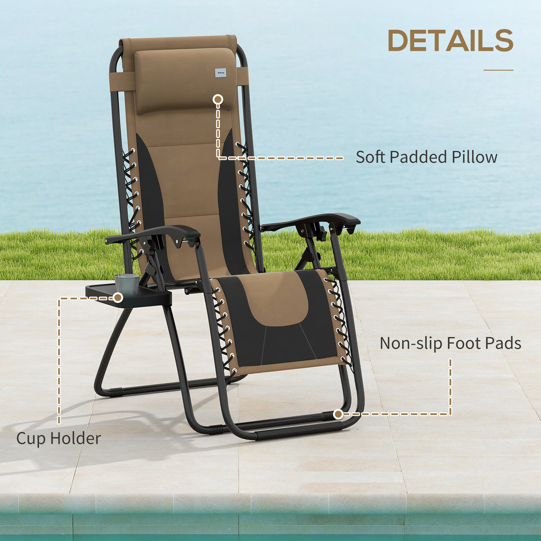 Zero Gravity Lounger Chair Set of 2, Folding Reclining Patio Chair with Padded Seat, Cup Holder, Soft Cushion and Headrest for Poolside, Camping, Coffee