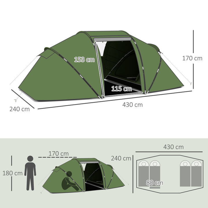 4-6 Man Camping Tent with Living Area and 2 Bedrooms, Hiking Sun Shelter, UV Protection Tunnel Tent, Dark Green