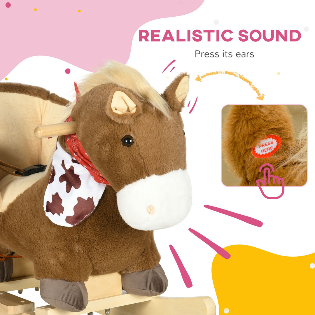 Kids Rocking Horse, with Safety Harness, Sounds, Foot Pedals - Brown